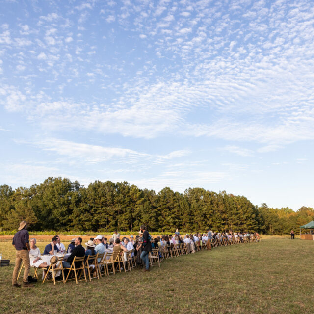 Long dining table in field